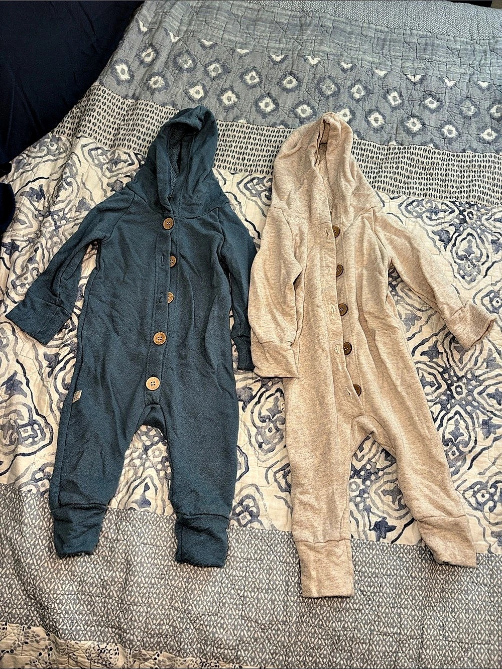 Childhoods Clothing Hooded Romper Set Blue & Cream 6-12 months